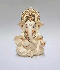 Gold Art India Peach Ivory Finish Ganesha Idol Car Dashboard IdolGanesha Murti Ganpati Idol for Home Decor Puja Lord Ganesh Statue Gift for Office Desk Puja Room Figurine 3.3" inches