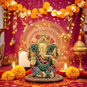 Brass Gem Stone Work Ganesha Statue for Home and Decor | Brass Ganesh Murti for Pooja Room Ganpati Idol for Home Entrace Decor (Weight 860 Gram Height 16 cm) (Hand_BRASSGANESH_04_GRN)