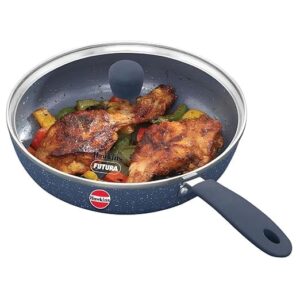 Hawkins Ceramic Nonstick Frying Pan, 24 cm Diameter, Induction Fry Pan with Glass Lid, Granite Omlette Egg Pan, Fish Pan, Blue (ICF23G)