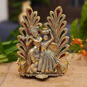 Collectible India Peacock Design Radha Krishna Idol Showpiece with Diya for Puja and Home Decor (7 x 5 Inches), Metal, Gold (1 Piece)