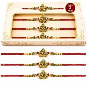 eCraftIndia Golden Religious Designer Ganesha Rakhi with Red Thread